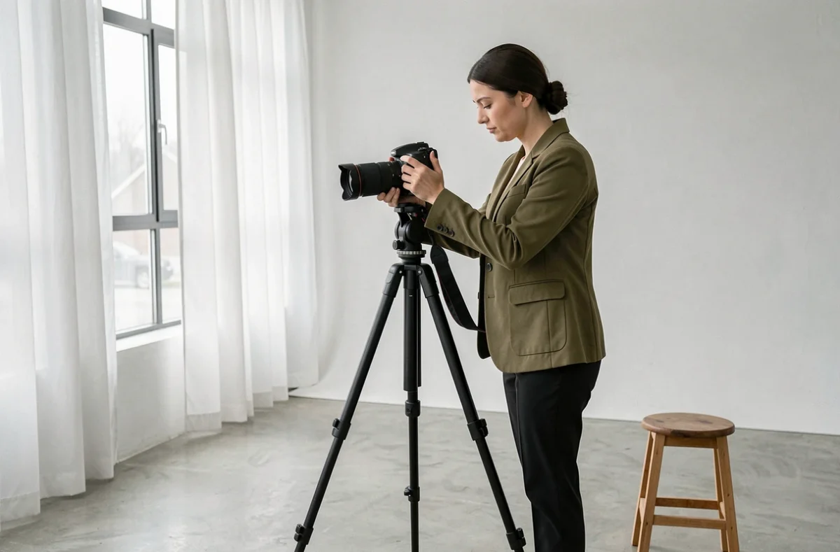 Maniez Aurélie préparant son équipement dans un studio photo lumineux du Val-d'Oise