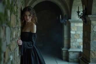 Femme en robe victorienne effrayée dans un couloir de manoir hanté pour une expérience horreur immersive à Paris en 2026