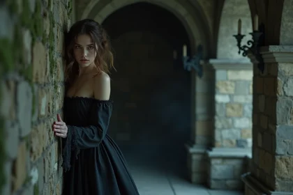 Femme en robe victorienne effrayée dans un couloir de manoir hanté pour une expérience horreur immersive à Paris en 2026