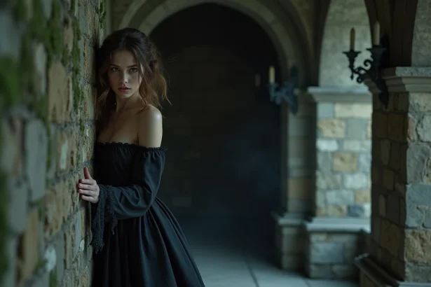 Femme en robe victorienne effrayée dans un couloir de manoir hanté pour une expérience horreur immersive à Paris en 2026
