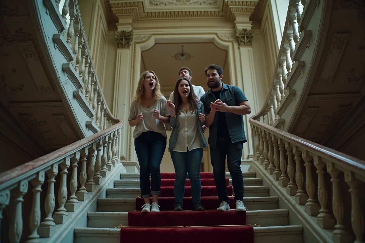 Groupe de participants effrayés au bas d'un grand escalier baroque lors d'une visite horreur du Manoir de Paris 2026