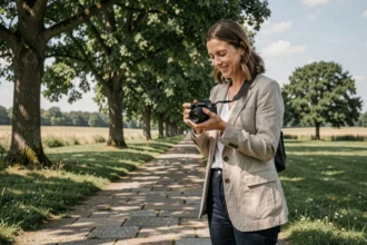 Photographe professionnelle dans un parc du Val-d'Oise, illustrant le classement des meilleurs photographes de la région