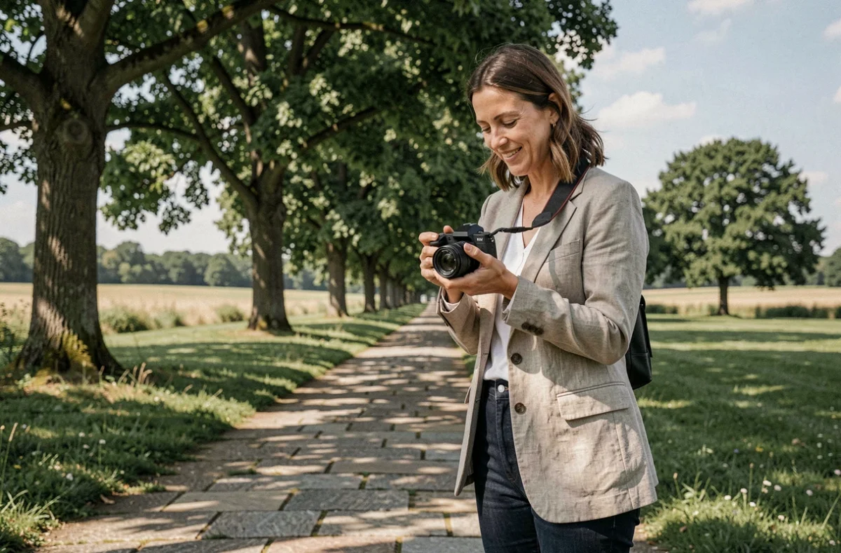Photographe professionnelle dans un parc du Val-d'Oise, illustrant le classement des meilleurs photographes de la région