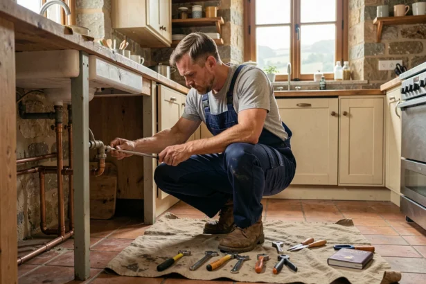 Plombier professionnel en intervention d'urgence dans une maison normande, outils posés au sol, sous un évier en pierre