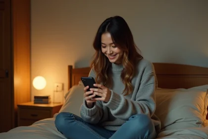 Jeune femme souriante dans son lit qui envoie un message de bonne nuit discret sur son smartphone en début de relation amoureuse