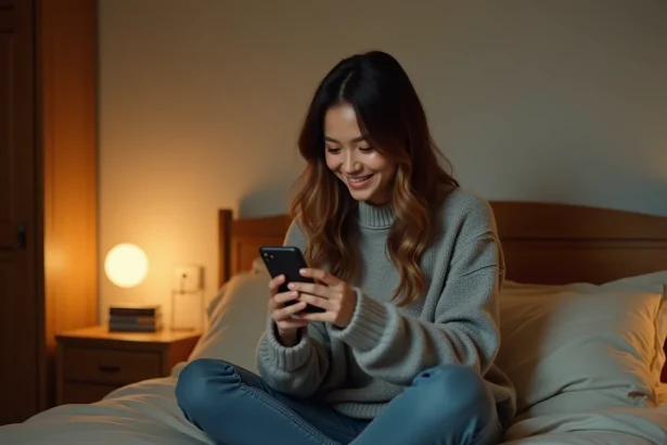 Jeune femme souriante dans son lit qui envoie un message de bonne nuit discret sur son smartphone en début de relation amoureuse
