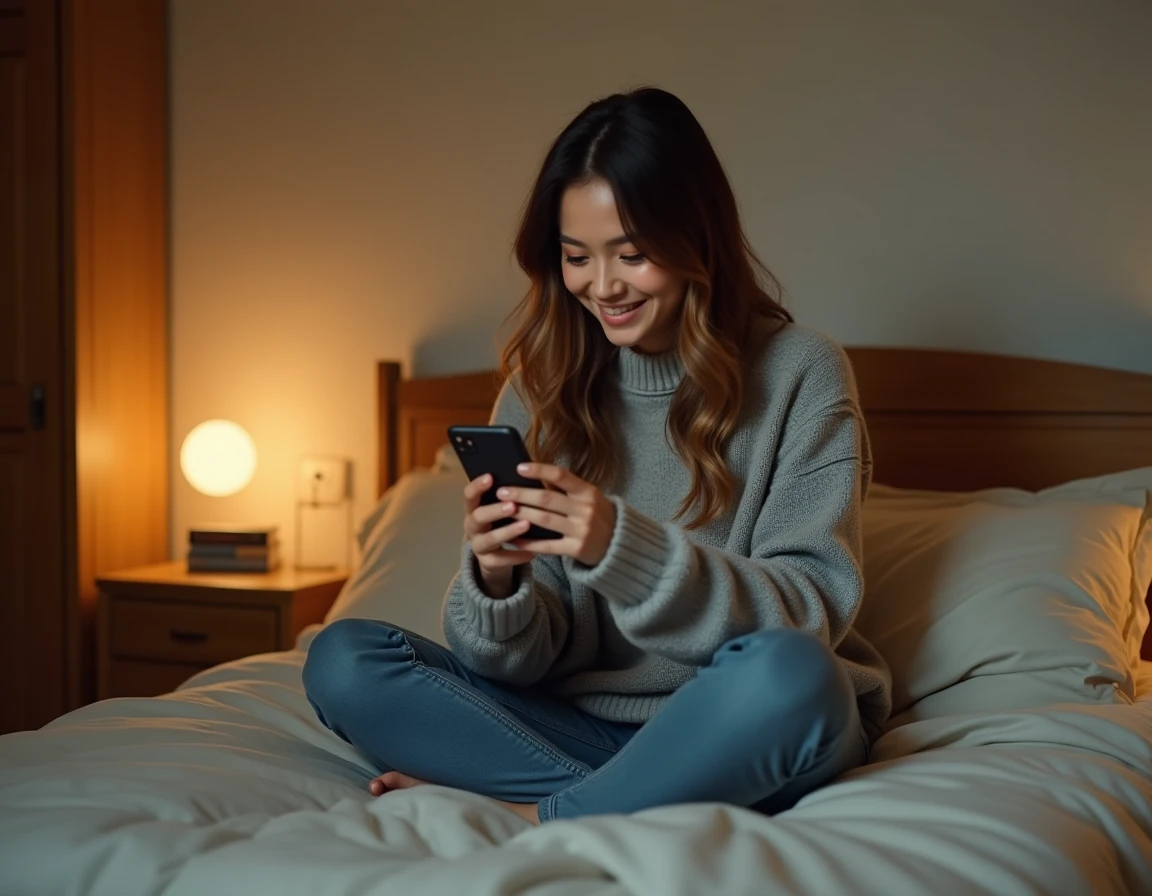 Jeune femme souriante dans son lit qui envoie un message de bonne nuit discret sur son smartphone en début de relation amoureuse
