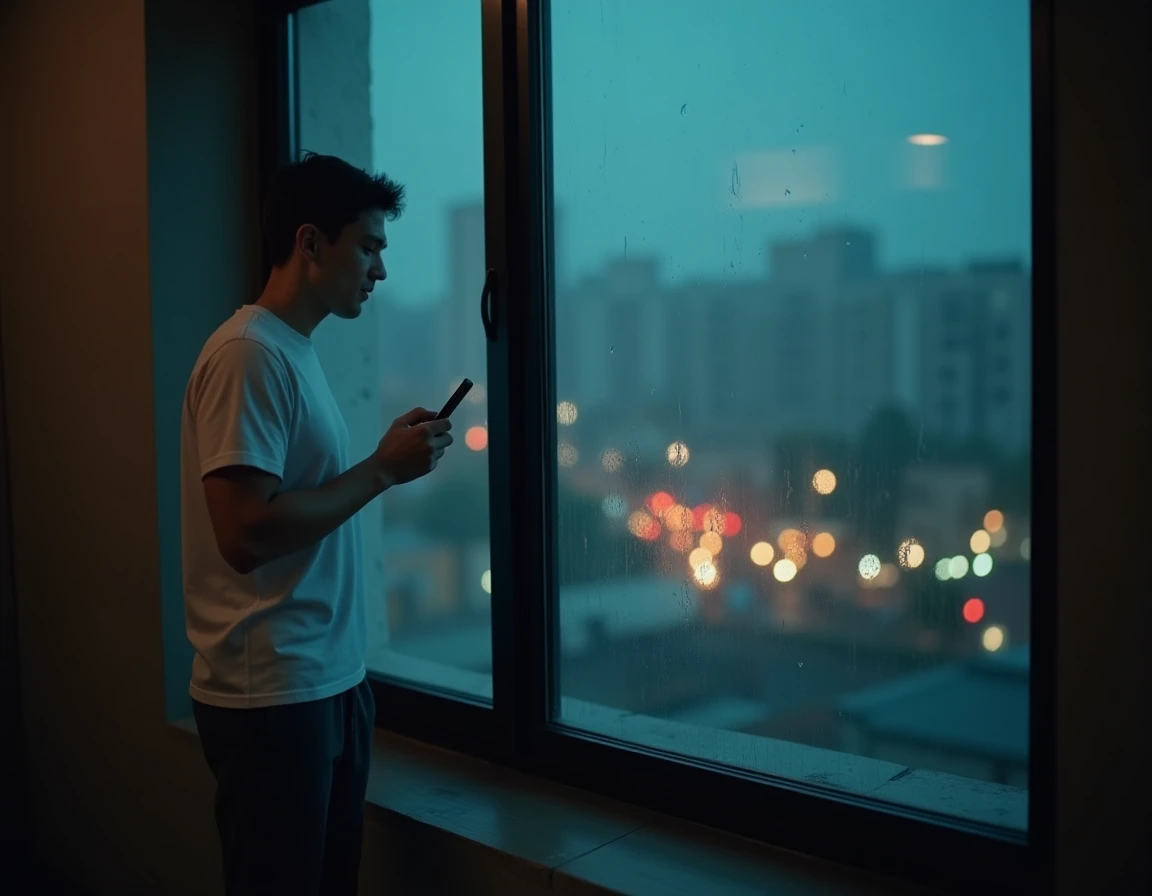 Homme pensif près d'une fenêtre la nuit tenant son téléphone pour envoyer un message romantique discret à ses débuts amoureux