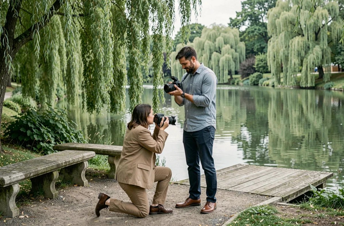 L'équipe Moments To Mean photographiant une séance de couple au bord d'une rivière dans le Val-d'Oise
