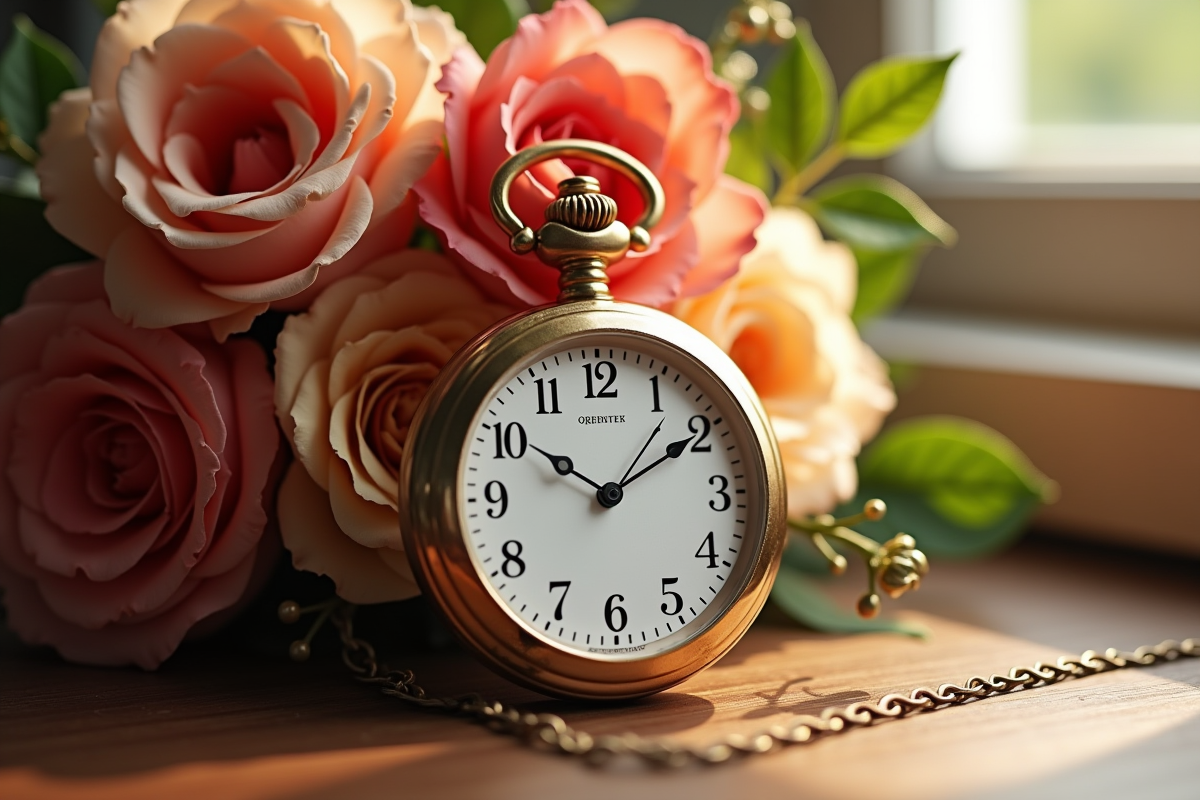 Gros plan sur une montre ancienne et un bouquet floral