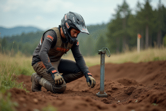 Coureur motocross homme fixant un ancrage au sol en pleine nature