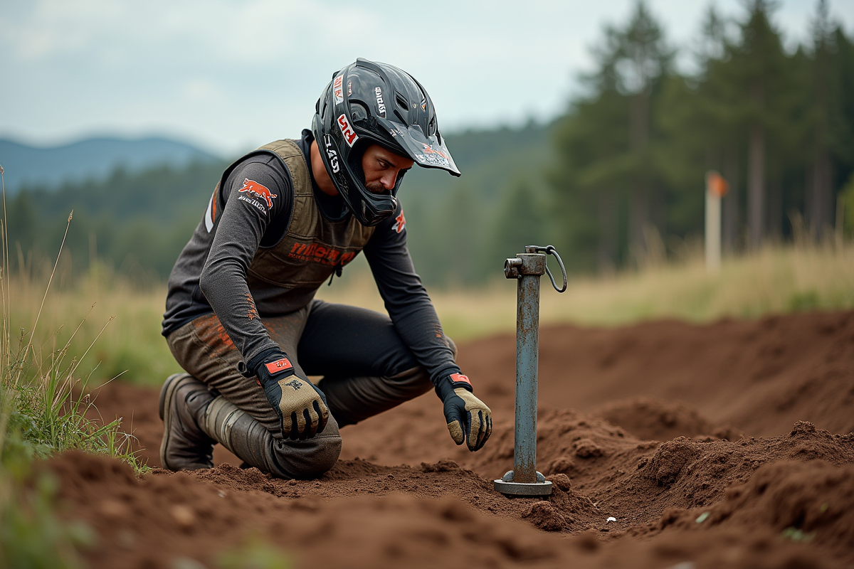 Coureur motocross homme fixant un ancrage au sol en pleine nature