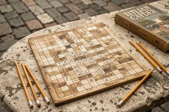 Grille de mots fléchés posée sur une table en pierre dans une piazza italienne avec un dictionnaire et des crayons