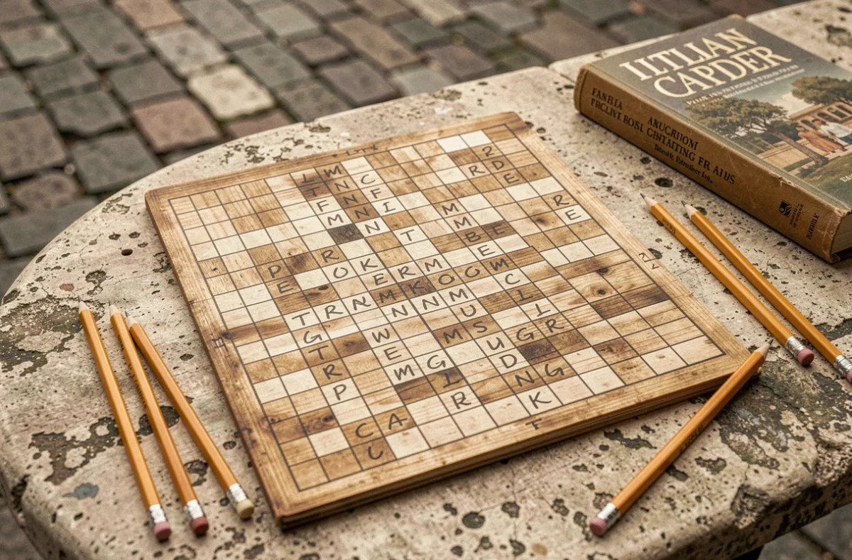 Grille de mots fléchés posée sur une table en pierre dans une piazza italienne avec un dictionnaire et des crayons