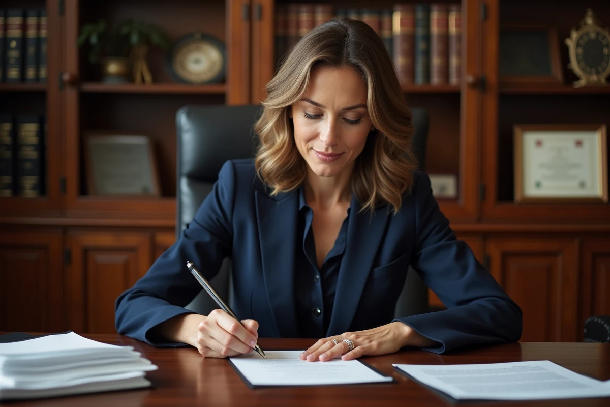 Notaire femme en costume lisant une lettre dans son bureau