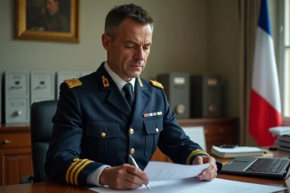 Officier de l'armée de terre en uniforme consultant la grille indiciaire dans un bureau militaire