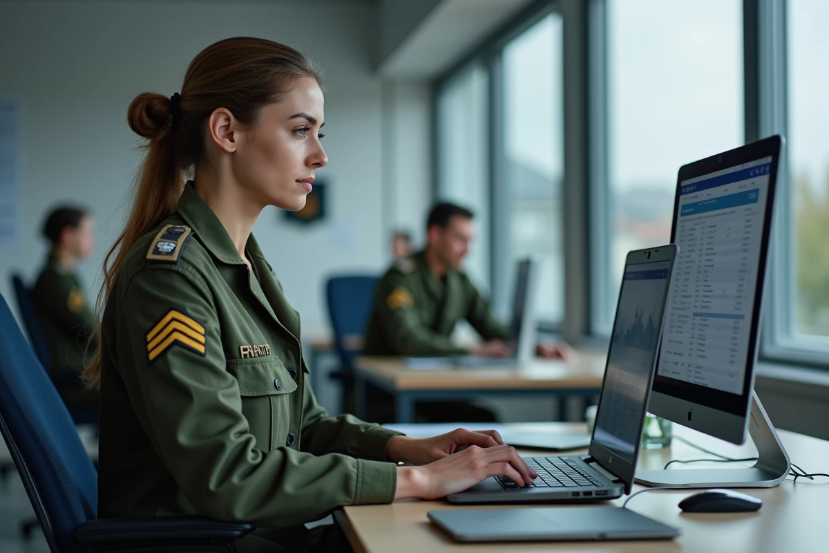 Officière de l'armée de terre consultant un tableau de rémunération sur ordinateur dans un bureau administratif