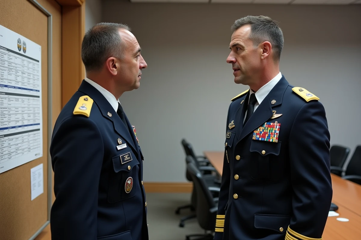 Deux officiers de l'armée de terre discutant de l'évolution de la grille indiciaire en salle de réunion militaire