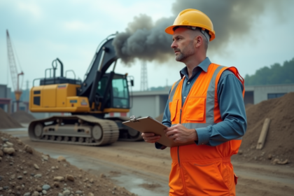 Ouvrier de construction inspectant une excavatrice diesel en extérieur