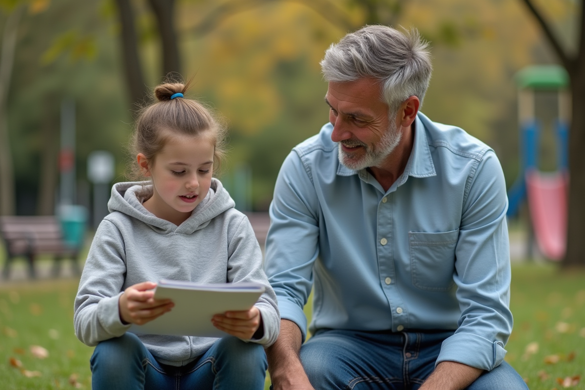 Père écoutant sa fille dans un parc en plein air