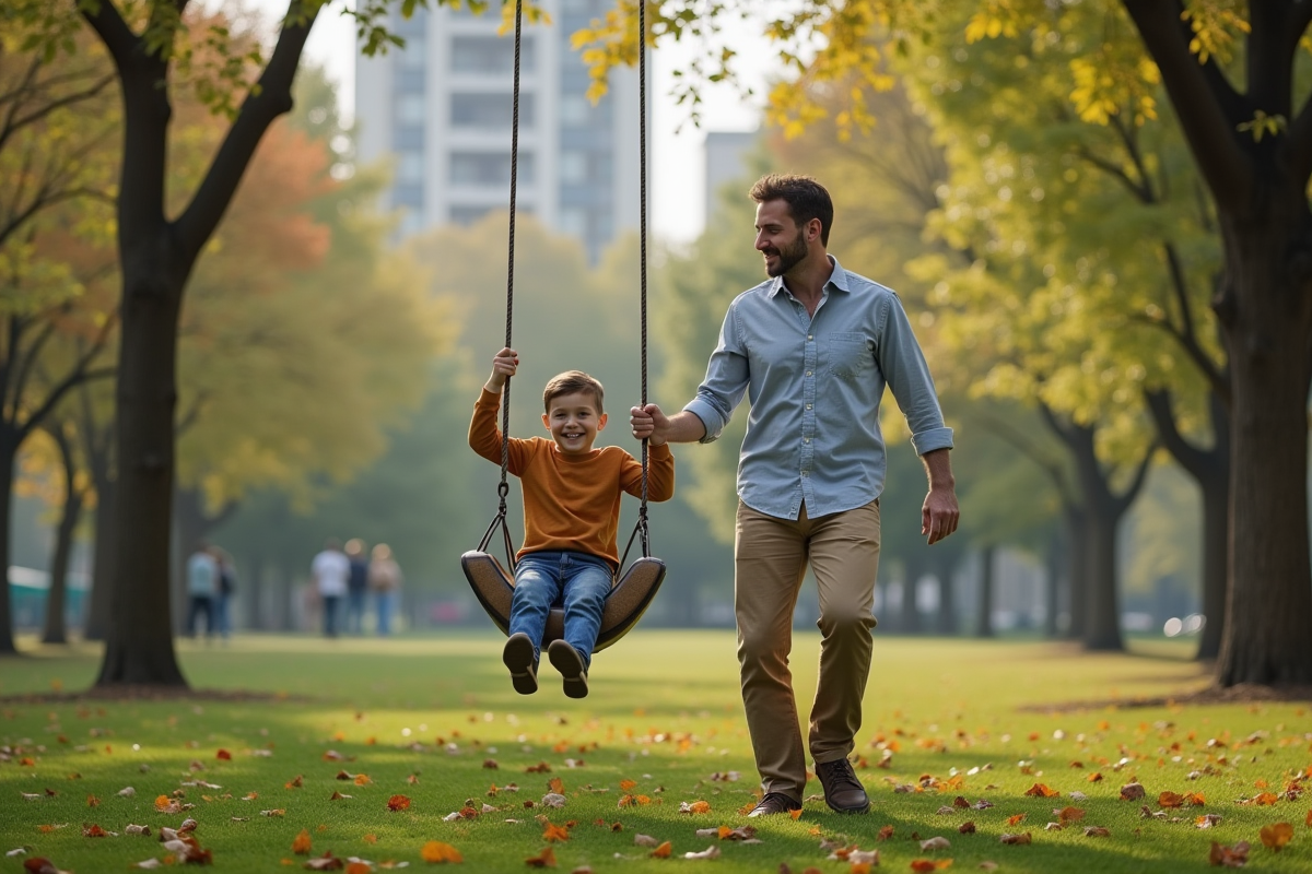 Pere jouant avec son fils sur une balançoire dans un parc