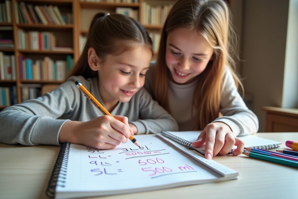 Mère aidant sa fille à apprendre la conversion des litres en millilitres sur un cahier scolaire à la maison