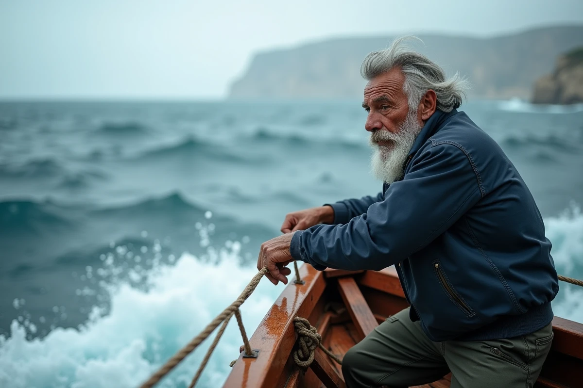 Vieux pêcheur grec au visage buriné sur un bateau traditionnel face aux vagues tumultueuses de la mer Égée