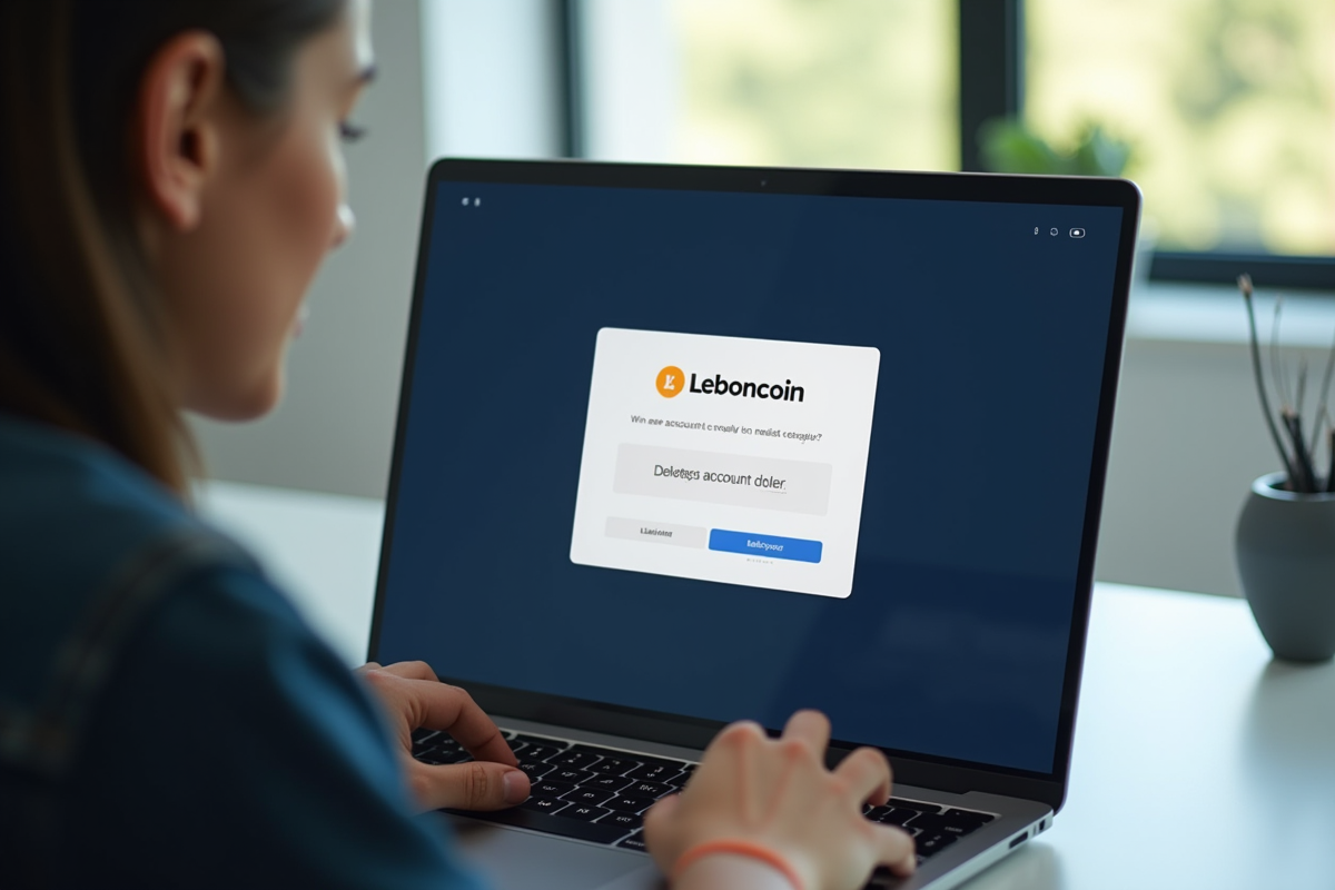 Personne au bureau avec écran lboncoin et confirmation suppression