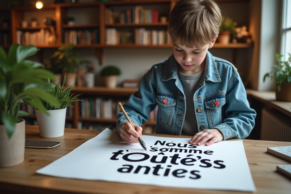 Jeune homme stencilant un message inclusif dans un intérieur chaleureux