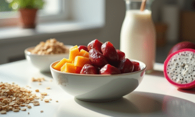 Plan large d'une cuisine avec bol de fruits frais et ingrédients