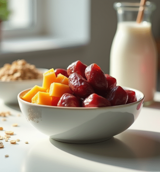 Plan large d'une cuisine avec bol de fruits frais et ingrédients