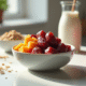 Plan large d'une cuisine avec bol de fruits frais et ingrédients