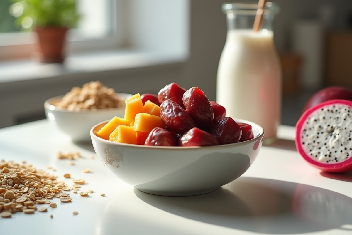 Plan large d'une cuisine avec bol de fruits frais et ingrédients