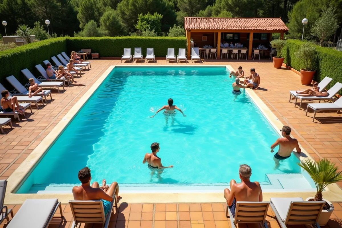 Piscine collective extérieure dans un camping avec vacanciers adultes se relaxant au bord de l'eau par temps ensoleillé