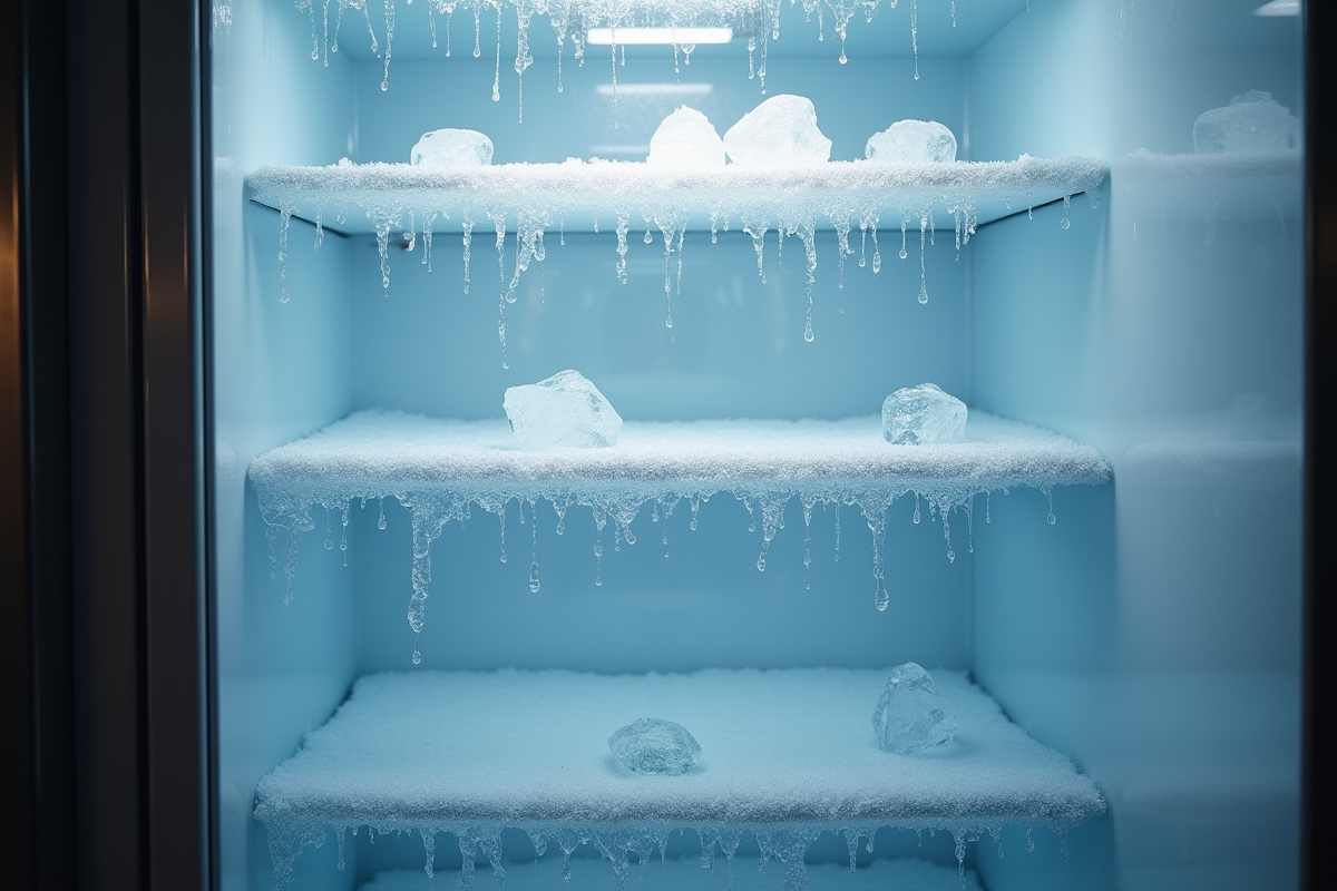 Congélateur ouvert avec givre sur les étagères et eau qui coule