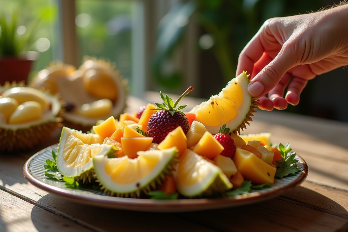 Main ajoutant des tranches de durian et de damson dans une salade de fruits