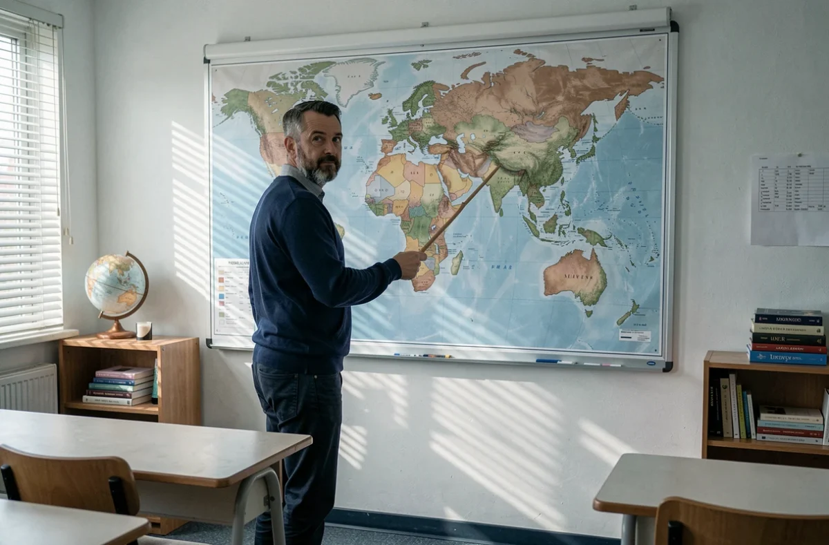 Professeur de géographie pointant une carte du monde en classe pour corriger les erreurs sur la taille des pays