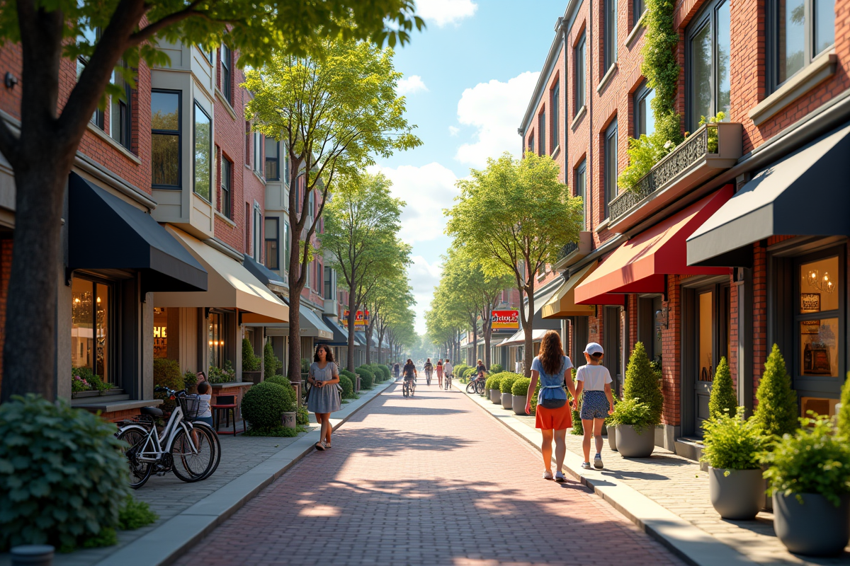 Quartier résidentiel avec familles et commerces locaux