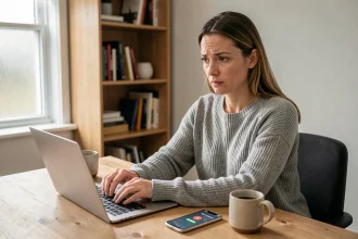 Femme effectuant une recherche inversée de numéro de téléphone sur son ordinateur portable dans un bureau à domicile