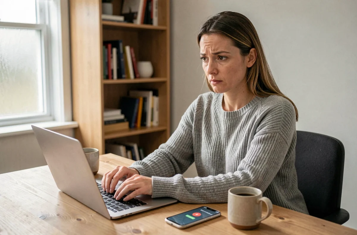 Femme effectuant une recherche inversée de numéro de téléphone sur son ordinateur portable dans un bureau à domicile