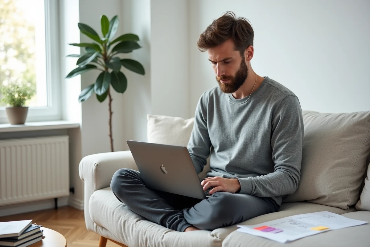 Homme annotant et réécrivant un texte à son propre style sur son canapé avec un ordinateur portable et des notes manuscrites