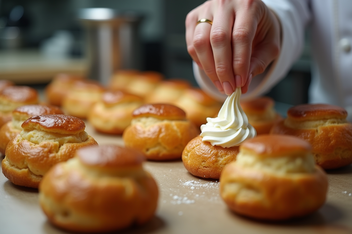 Chef remplissant des choux à la vanille dans une cuisine professionnelle