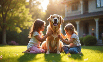 Deux chiens retrievers avec des enfants dans le jardin ensoleille