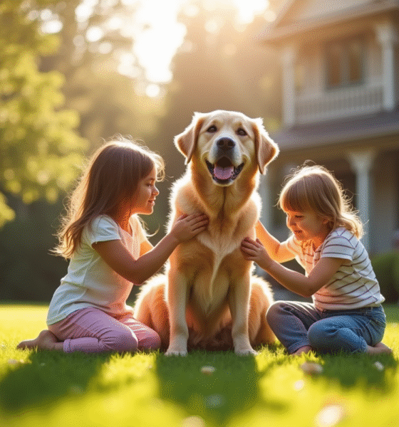 Deux chiens retrievers avec des enfants dans le jardin ensoleille