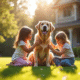 Deux chiens retrievers avec des enfants dans le jardin ensoleille