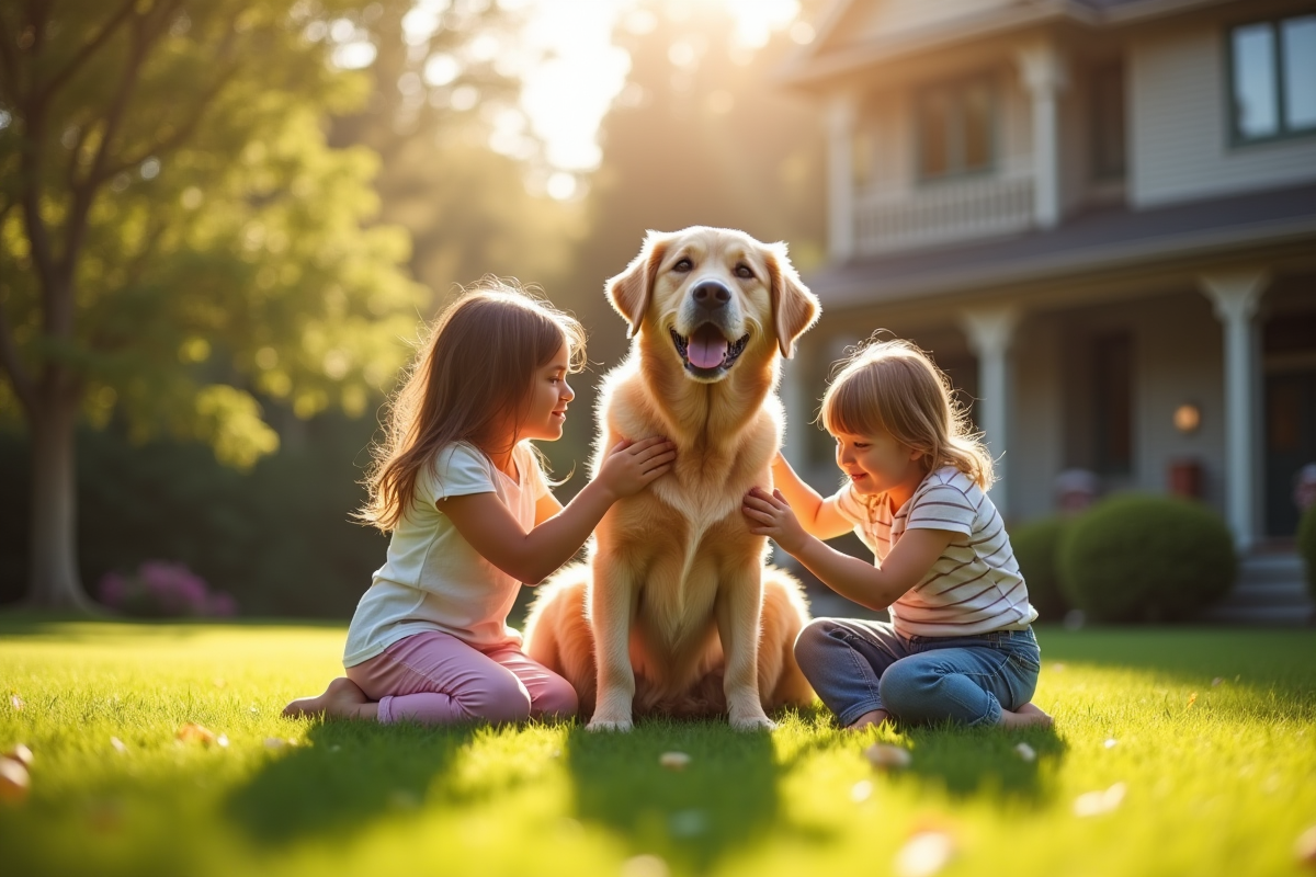 Deux chiens retrievers avec des enfants dans le jardin ensoleille