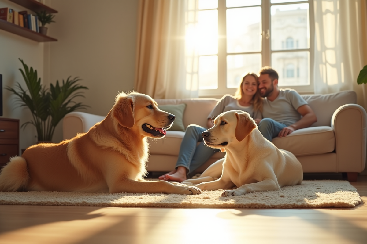 Un retriever et un labrador dans un salon lumineux avec un couple