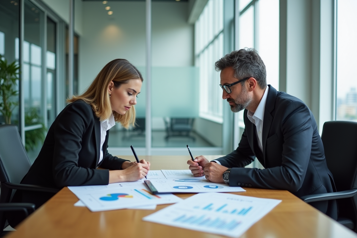 Homme et femme d'affaires analysant des graphiques financiers