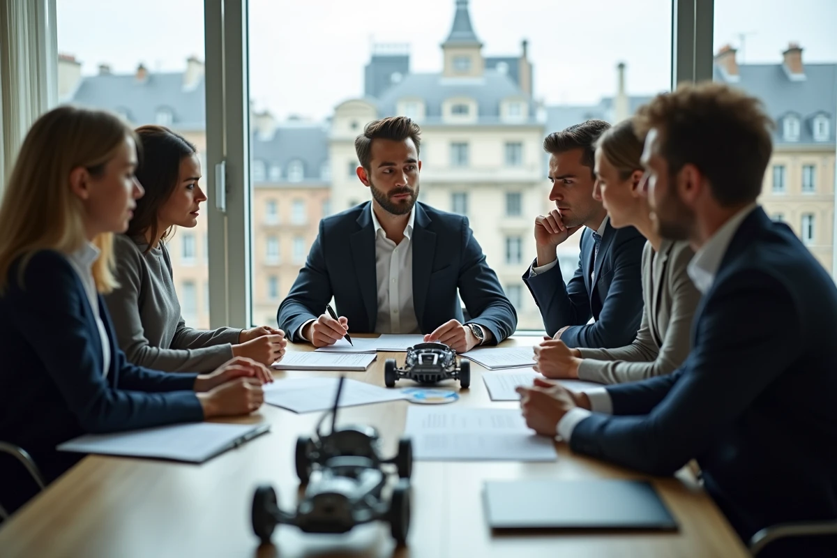 Jeunes professionnels en réunion avec ville en arrière-plan