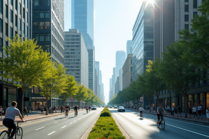 Rue urbaine dynamique avec gratte-ciel et piétons